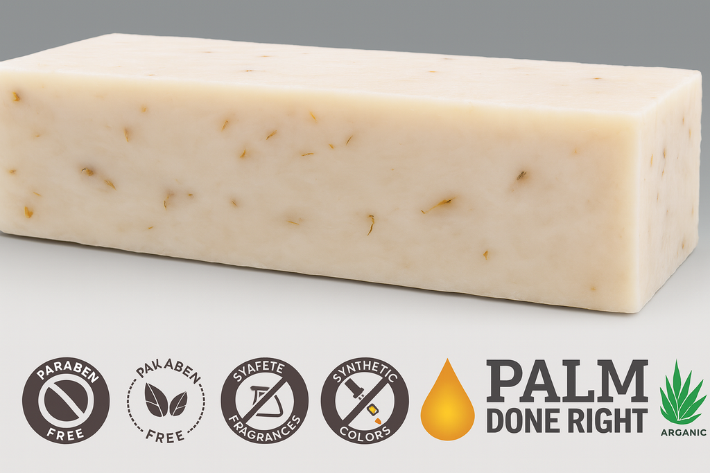 Bar of soap with palm oil certification logos on a gray background